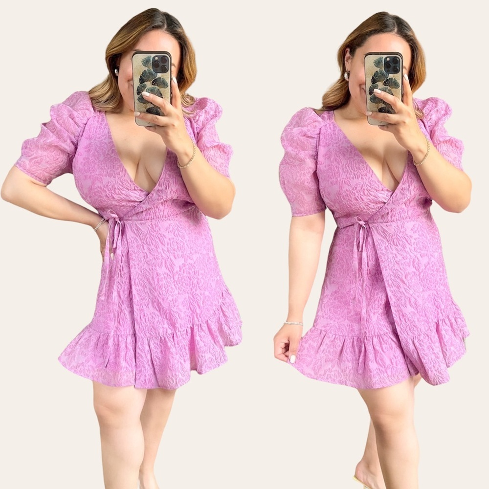 & Other Stories Voluminous Puff Shoulder Violet 80’s Inspired Mini Wrap Dress - Picture 2 of 8